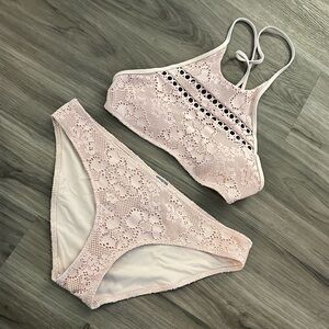 Aerie Lace Sz Small Halter Bikini Top & Sz Large Swim Lacy Bikini Bottom - Pink